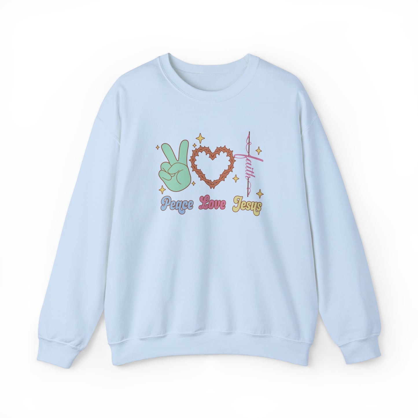 Peace Love Jesus Christian Sweatshirt Light Blue tosave1life.com