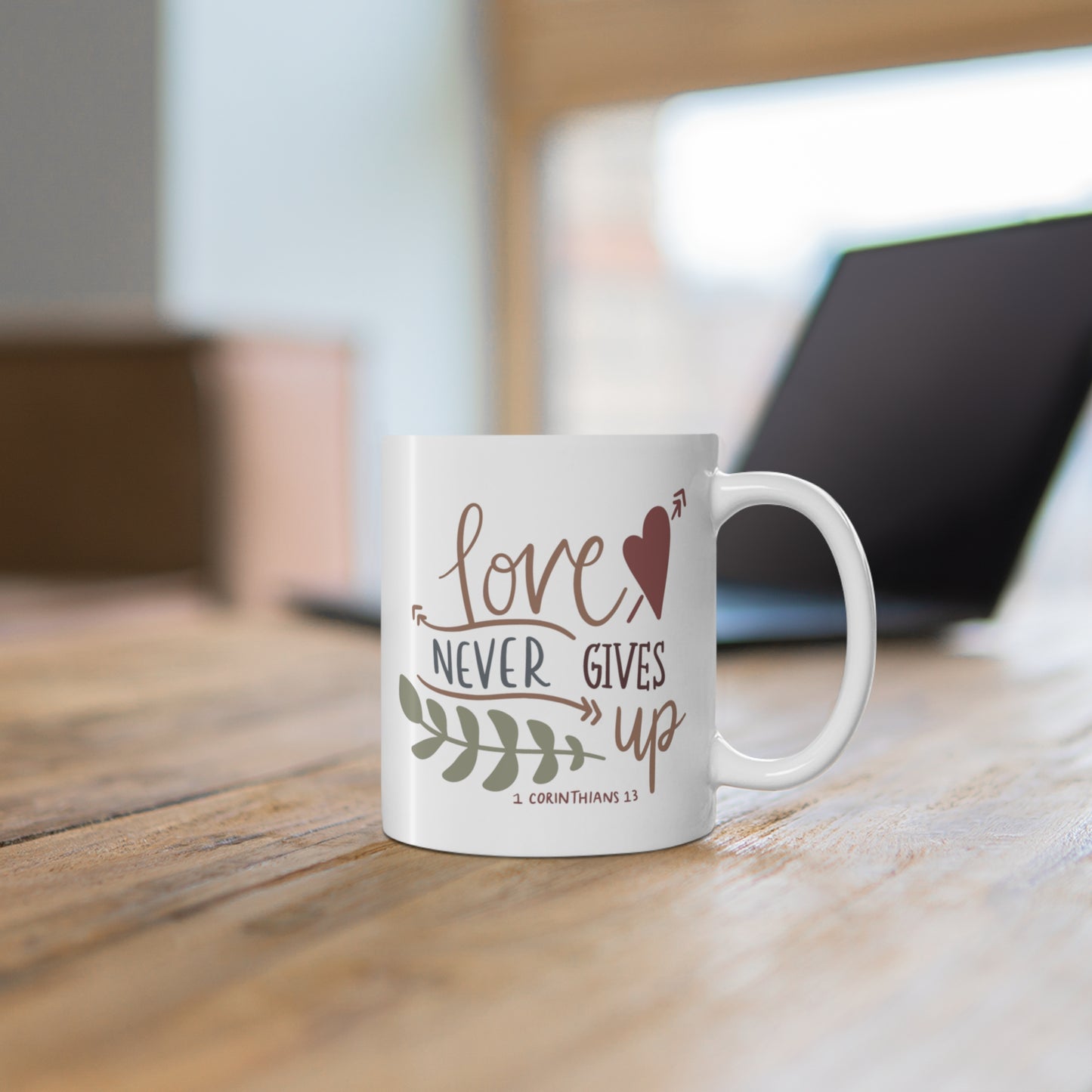 Love Never Gives Up Christian Mug