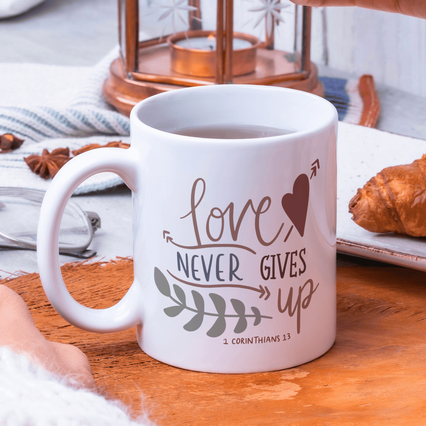 Love Never Gives Up Christian Mug