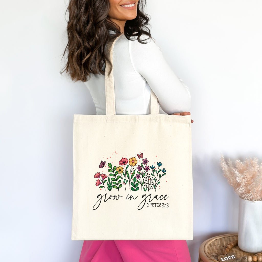 Grow in Grace Christian Tote Bag Natural 15" x 16" tosave1life.com