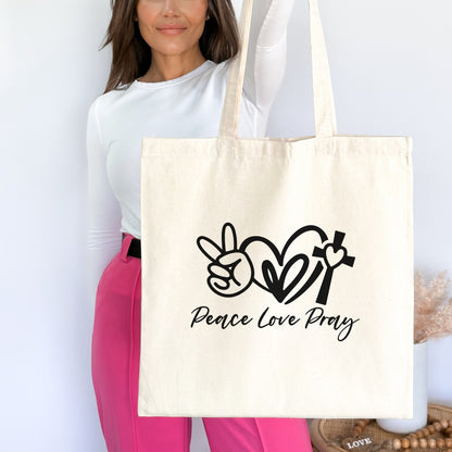 Peace Love Pray Christian Tote Bag Natural 15" x 16" tosave1life.com